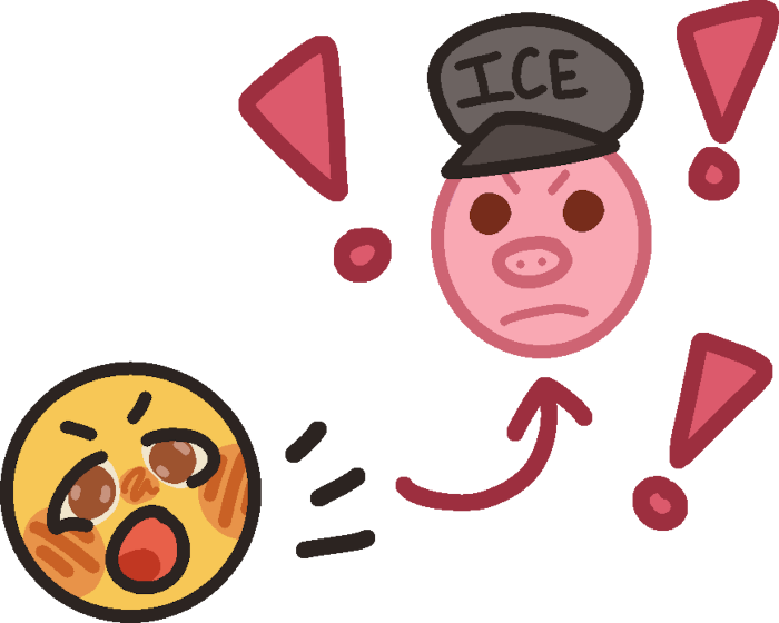 a yellow person yelling. There is a red arrow pointing at a pig wearing an ICE hat, with exclamation marks surrounding the pig